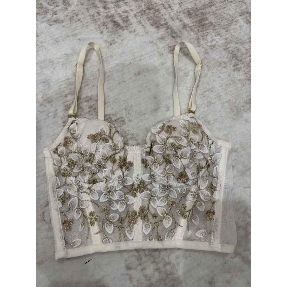 Floral Embroidered Mesh Corset Crop Top White Gold Bustier Coquette Size